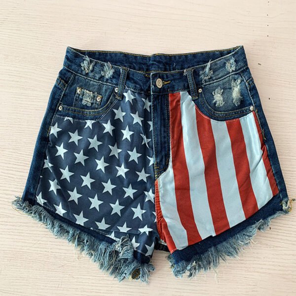 Women's Mid Waist Straight Casual Button Front Vintage Printed Star Tassel Hole Denim Shorts